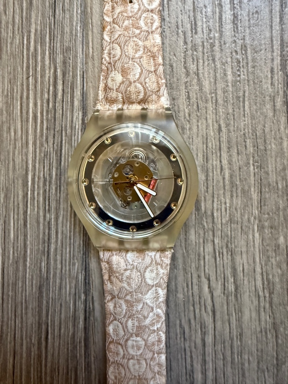 Swatch Transparent Skeleton Watch with Beige Leather Strap